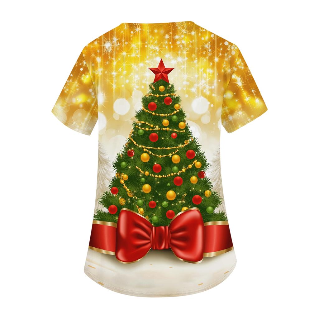 Women's V-Neck Short Sleeve Work Blouse with Pockets and Side Slits Christmas Print