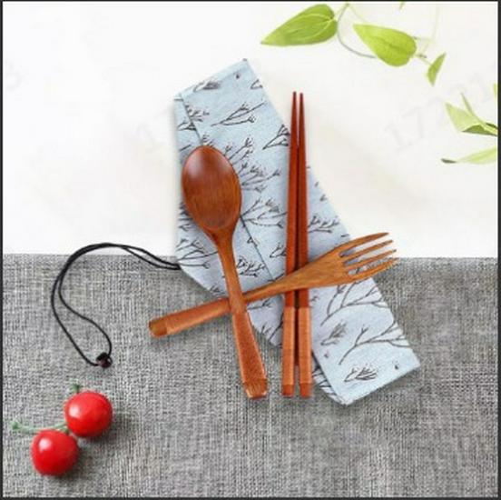 Japanese Style Portable Cutlery Set: Wooden Chopsticks, Fork, Spoon with Binding Wire and Cloth Bag for Outdoor Travel
