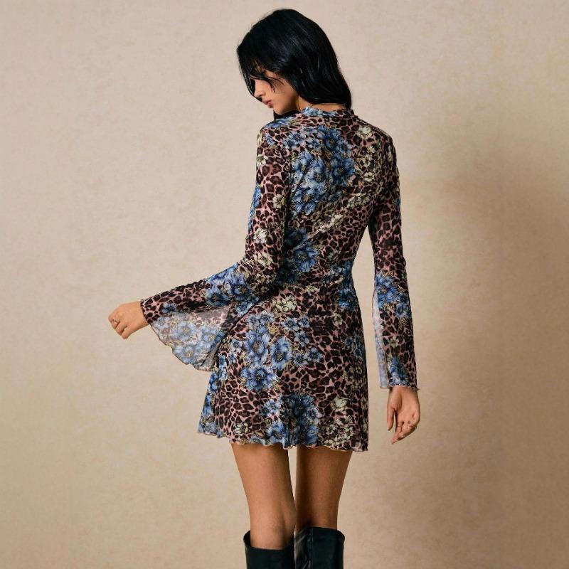 Women S Slim Fit A Line Floral Print Mesh Long Sleeve Dress