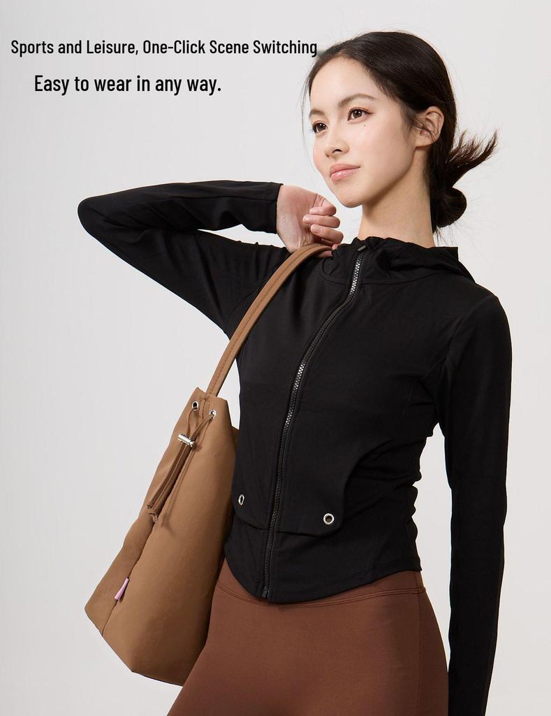 Lu Chuan Slim Fit Hooded Yoga Jacket with Waistband Pocket and Zipper.