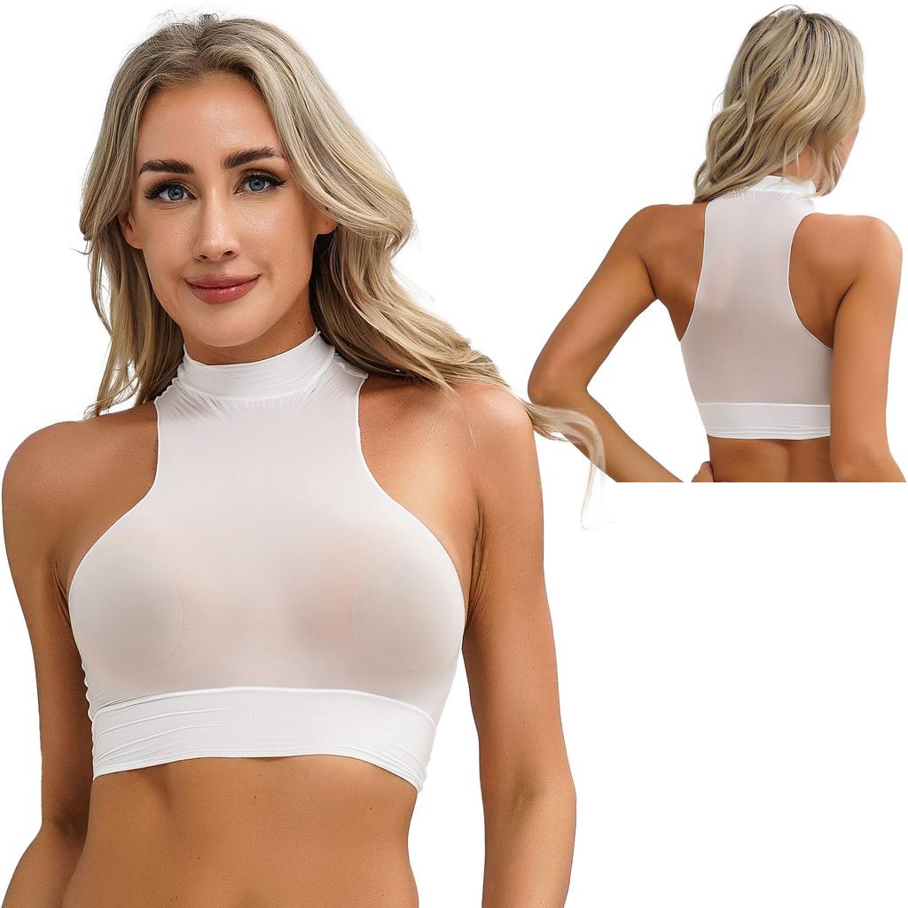 Womens Mock Neck Sleeveless Sheer Crop Top Glossy See Through Vest