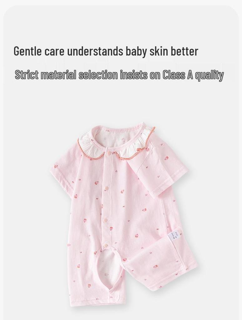 Girls' Summer Floral Cotton Romper, Short-Sleeved with Doll Collar, Size 100.