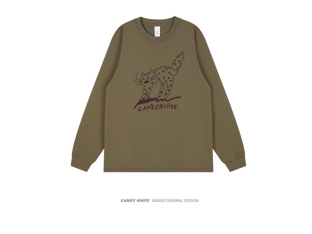 Korean Style Cartoon Cat Print Couple Long Sleeve Retro Top