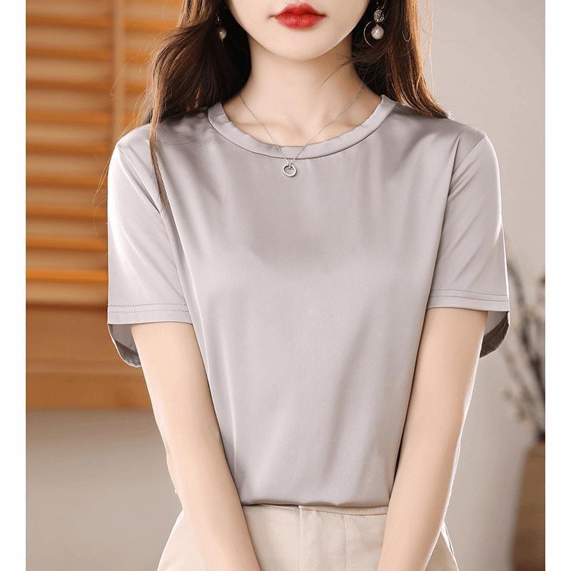 T-shirt estiva da donna in raso acetato girocollo manica corta seta di gelso tinta unita girocollo allentato mezza manica semplice seta liscia