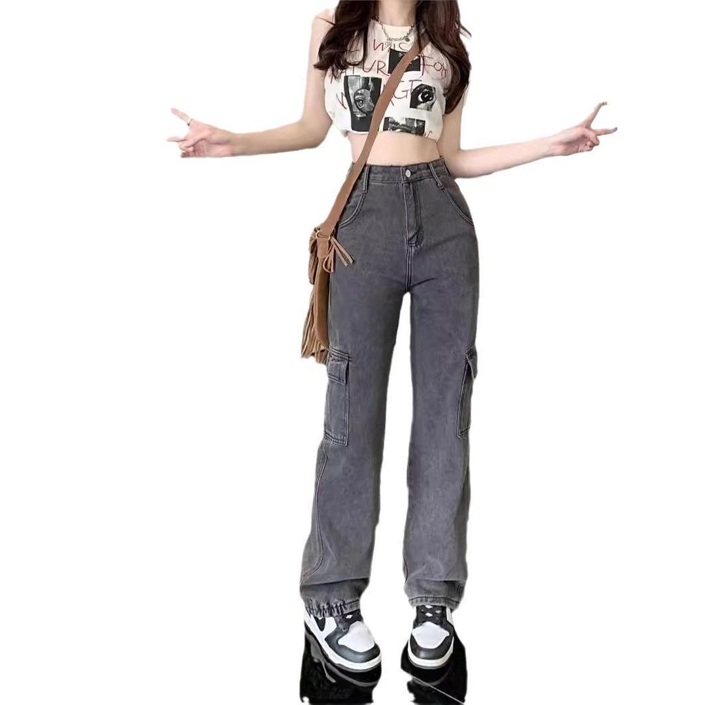 Spring-Autumn Retro Denim Cargo Pants: Stylish Women's Loose Straight-Leg, Multi-Pocket Design