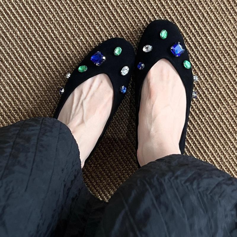 Fashion Luxury Colorful Gemstone Flats Women Comfortable Round Toe Shallow Suede Loafers for Ladies Elegant Brand Designer Casual Shoes