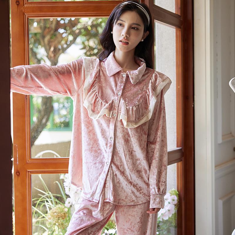 

Женская домашняя одежда в стиле ретро-дворцовая пижама, костюм, новый осенний бархатный комплект из 2 предметов, пижама, ночная одежда, свободная повседневная домашняя одежда XL розовый