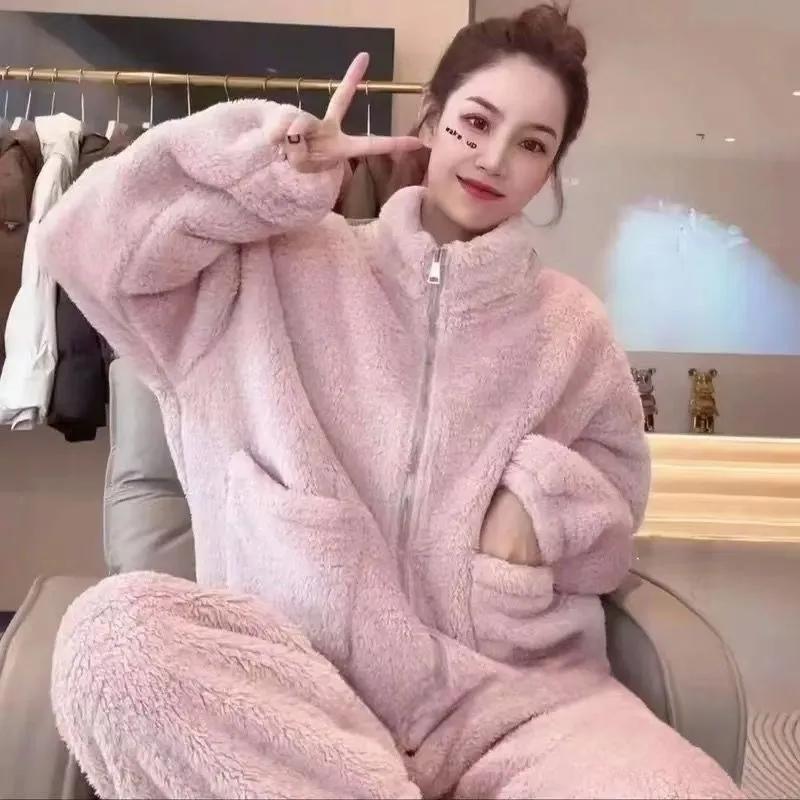 Fleece Tlustý Teplý Dámský Pyžamový Set Zimní Oblečení na Spaní Ležérní Zip Korálová Flanelová Bunda a Kalhoty Pyžamový Set Dámský Domácí Oblek