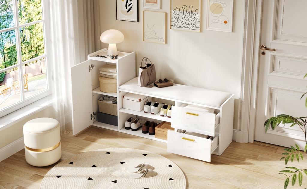 Scarpiera 128*30*68cm con 2 Cassetti 1 Armadietto, Panca Scarpiera Laccata Lucida con Imbottitura e Contenitore, Adatta per Soggiorno, Ingresso, Ufficio, Bianca
