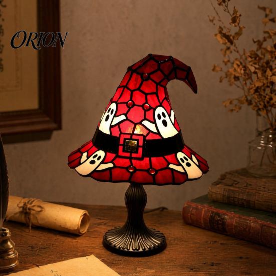 Stained Glass Bedside Lamp Witch Hat Lamp, Handcrafted Retro Resin USB Powered Gothic Table Wizard Hats Night Light, Halloween Home Decor Accent Lamps