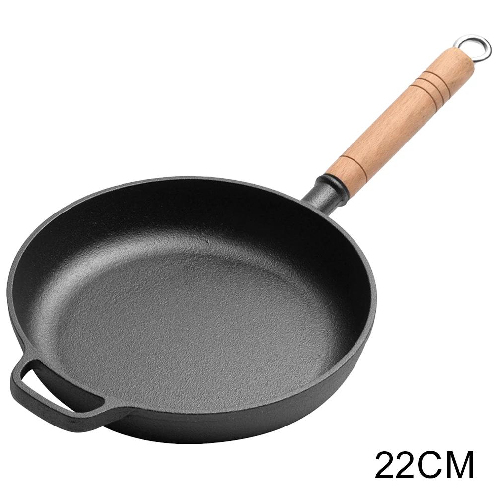 Cast Iron Frying Pan with Wood Handle Omurice Cooking Pot Non-Stick Pancake Mold Skillet Pan Anti-Scald for Home Kitchen
