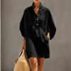 Casual Women Short Dress Linen Cotton Blend Stand Collar Button Front Half Sleeve Loose Fit Summer Tunic Dress