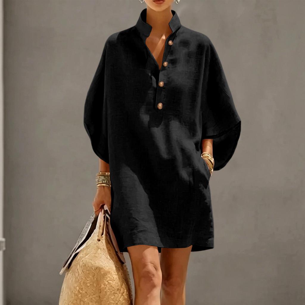 Casual Women Short Dress Linen Cotton Blend Stand Collar Button Front Half Sleeve Loose Fit Summer Tunic Dress