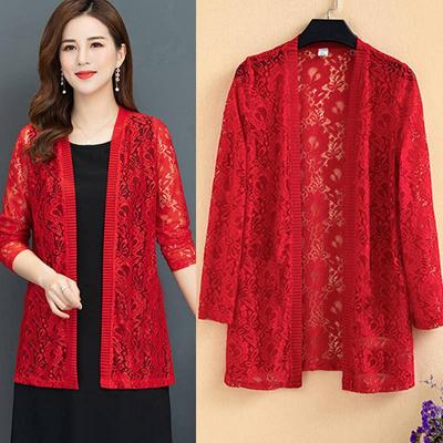 Women's Summer Thin Lace Cardigan Long-sleeved Jacket Shawl Plus Size Outer Matching Skirt Top