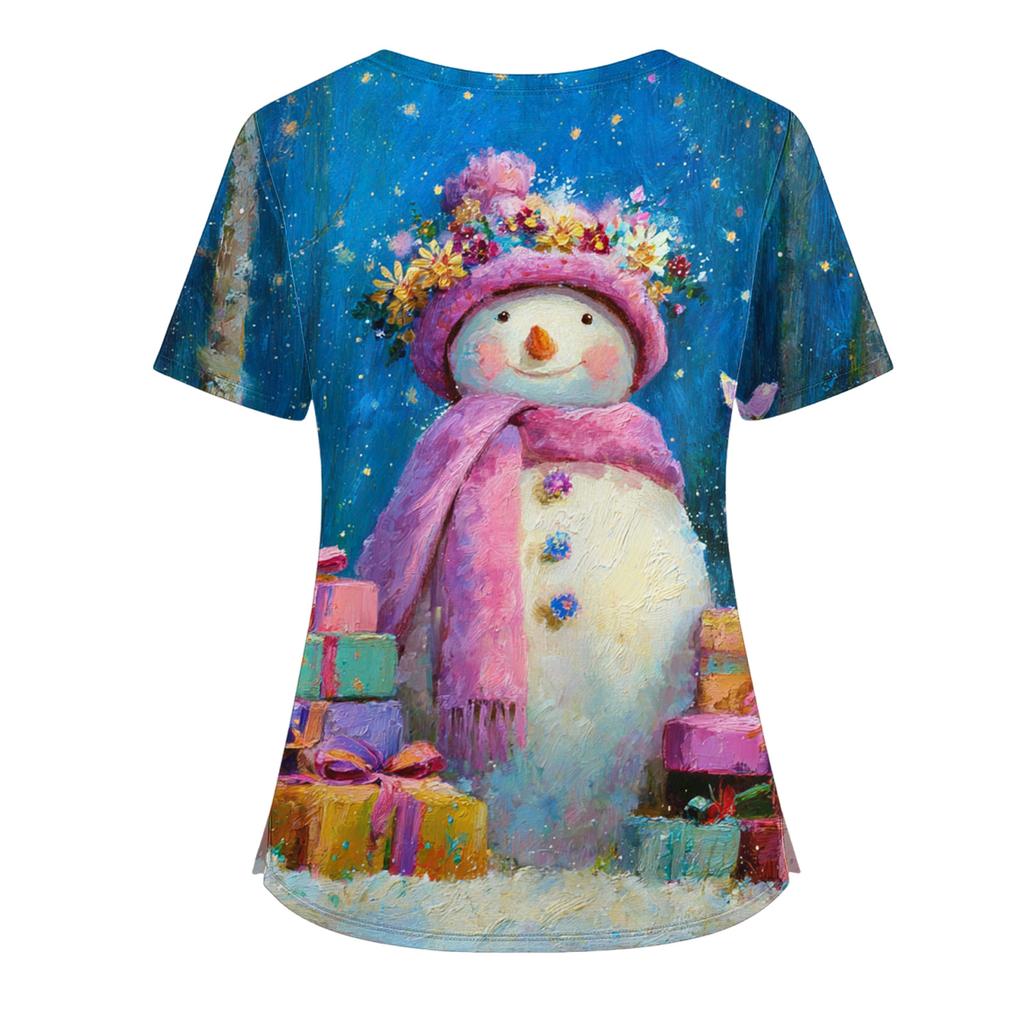 Women's Short Sleeved Christmas Printed V-neck Buttonable Side Slit Top T-shirt