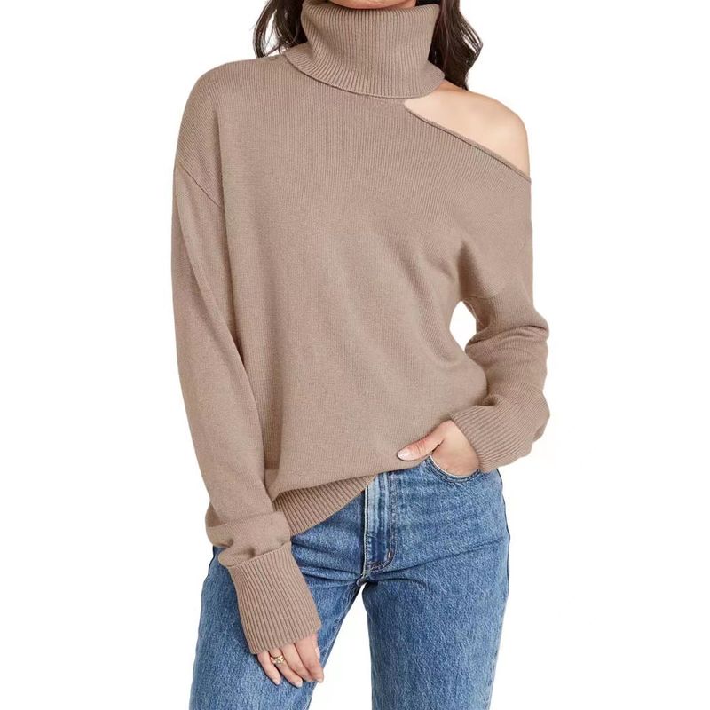 

New Arrival Fashion Style Pure Color Turtleneck off-Shoulder Sexy Knitting Sweater Knitted Turtleneck Sweater Khakis M
