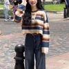 Women's Retro Color Block Striped Butterfly Knit Sweater, Round Neck, Short & Loose Fit for Spring/Autumn.
