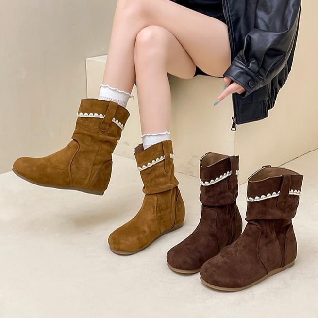 French Design Ruffle Edge Suede Round Head Pleated Piled Boots Women's Autumn and Winter Fashion Retro Foreign Style Flat Bottom Martin Boots