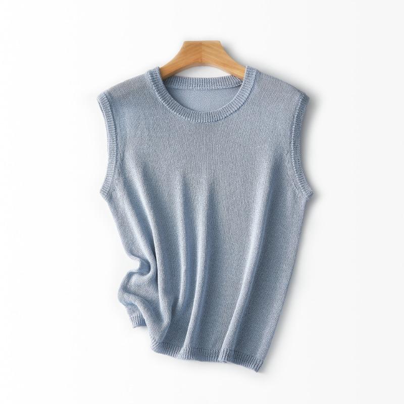 Silk and Paper Yarn Sleeveless Crew Neck Pullover Knitted Vest Women's Summer Light and Comfortable Bottoming Shirt