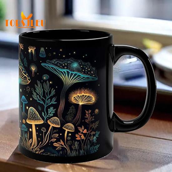 350ML Mushroom Coffee Mug with Grip Handle,Heat-Resistant Black Ceramic,Food Grade,Multifunctional Tea Milk Water Cup,Mushroom Lover Birthday Gift