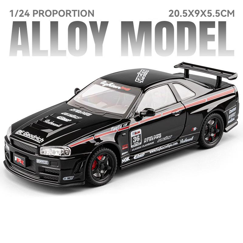 1:24 Scale GTR-R34 M3 Sports Car Model Toy Shock Absorption Pull Back Supercar Metal Body Sound Light Models Kids Presents