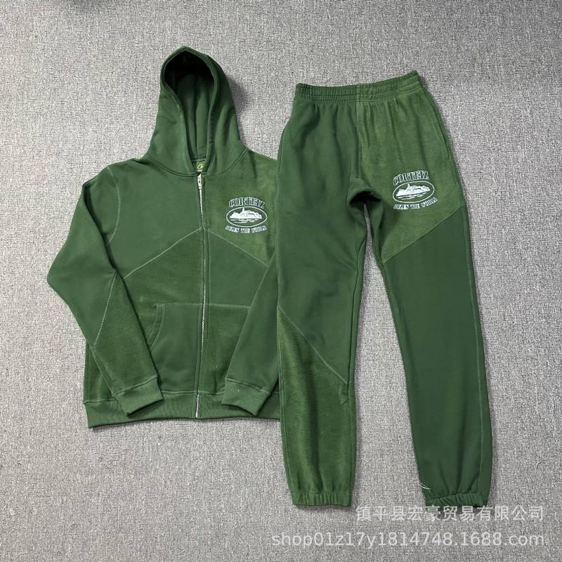 Mens Hooded Zip-Up Sweatshirt Loose Jogger Pants Set Cotton Casual Sportswear Outfit Daily Wear