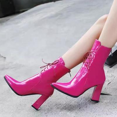 Botas Femininas da Moda com Cadarço Preto Rosa Branco Cano Curto Feminina Elegante Salto Alto Outono Inverno Festa Sapatos de Dança Tamanho Grande 48