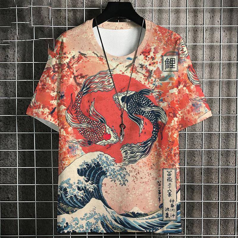 Ukiyo-E T-Shirt For Men Japanese Koi Carp Pattern Tshirts Casual Unisex Top Breathable Comfortable Summer New Oversized Clothing