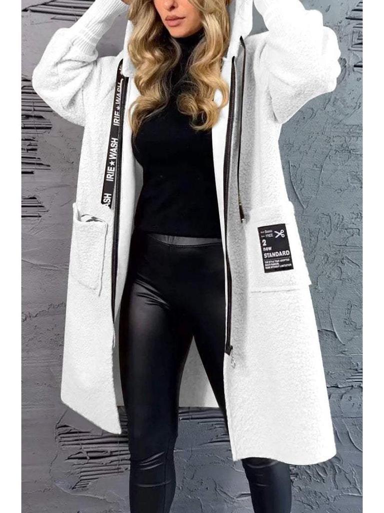 2024 Casual Lambswool Patchwork Letter Hooded Coat with Drawstring Zipper