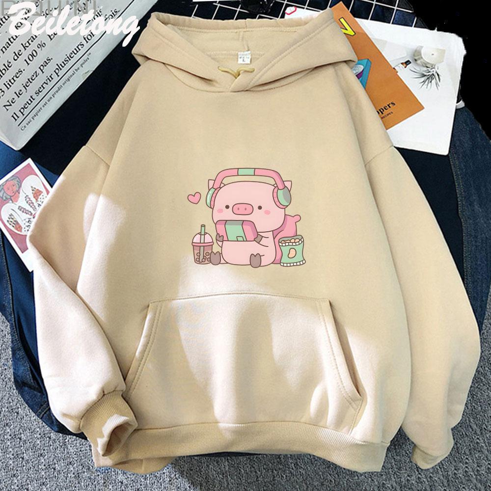 Cute Little Piggy Gamer with Headphones Hoodies Women Kawaii Streetwear Sweatshirts Graphic Pullovers Clothing