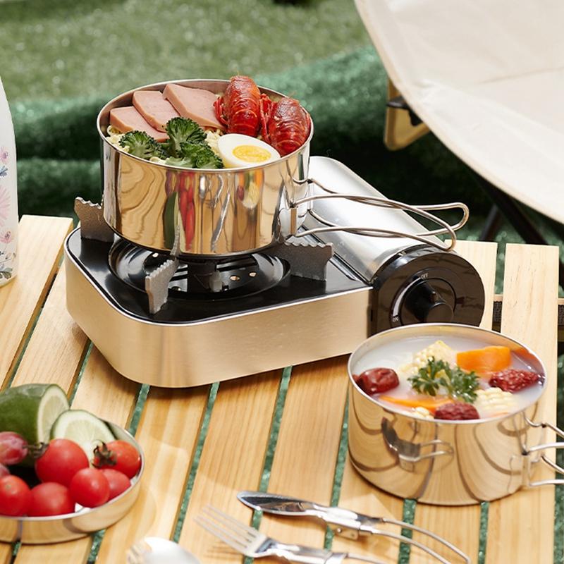 2 STÜCKE/SET Kochgeschirr-Set Edelstahl Kochgeschirr-Set Kochtopf- und Pfannen-Set mit Tellern Tassen für Outdoor-Camping Rucksackreisen