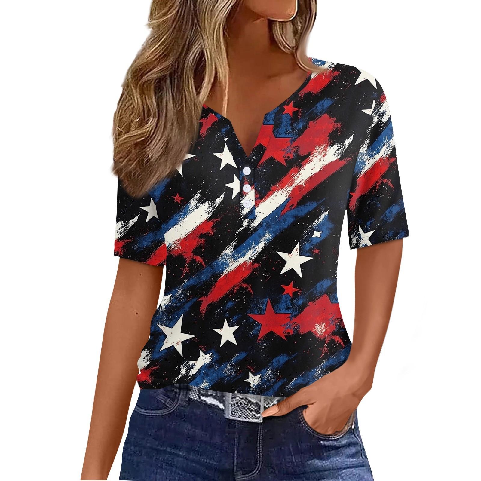 

Women s T Shirt Independence Day Print Button Short Sleeve Daily Weekend Fashion Basic V- Neck Regular Top L чёрный