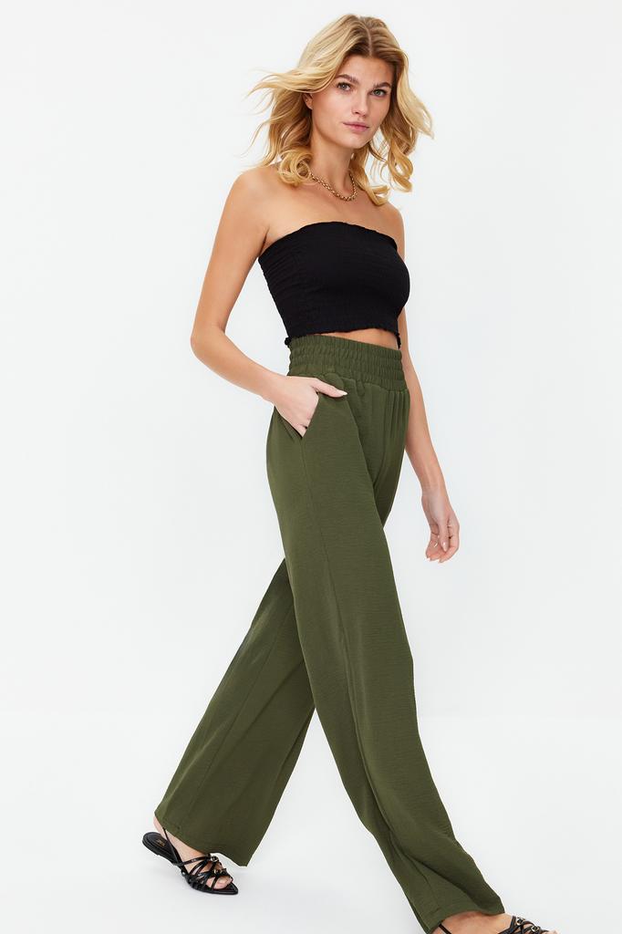 Women's Fashion New Trousers Khaki Wide Leg Wide Leg Elastic Waist Woven Trousers