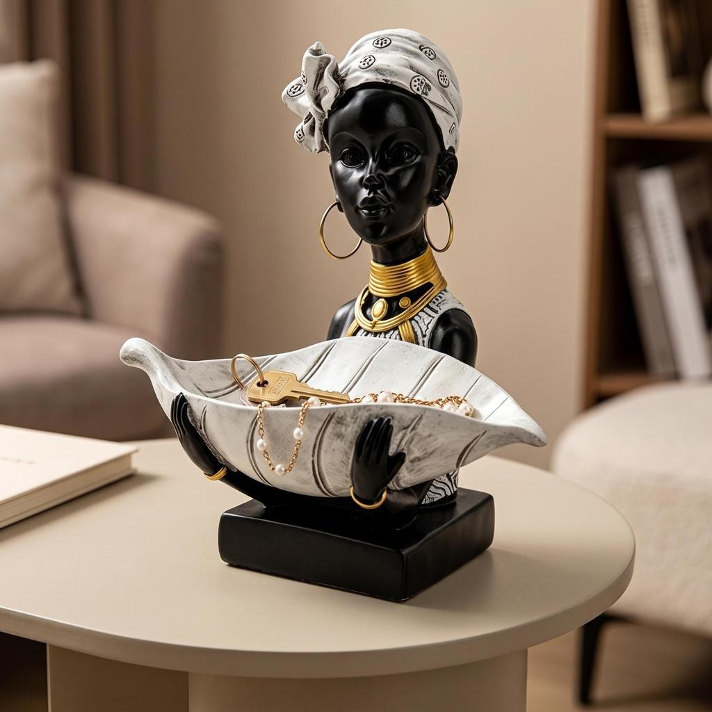 Decorative African Woman Figurine with Basket Multipurpose