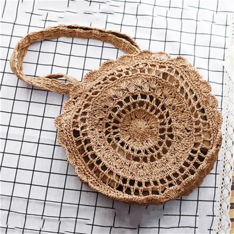 Böhmische Strohtaschen für Frauen, Kreis-Strand-Handtaschen, Sommer-Rattan-Umhängetaschen, handgefertigt, gestrickt, für Reisen, große Tragetaschen, Neu
