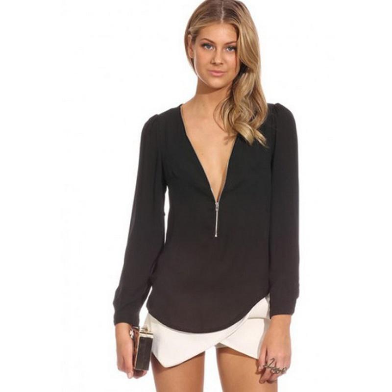 Elegant Women's Fashion Casual Autumn Blouse With V Neck And Long Sleeves Zipper Top