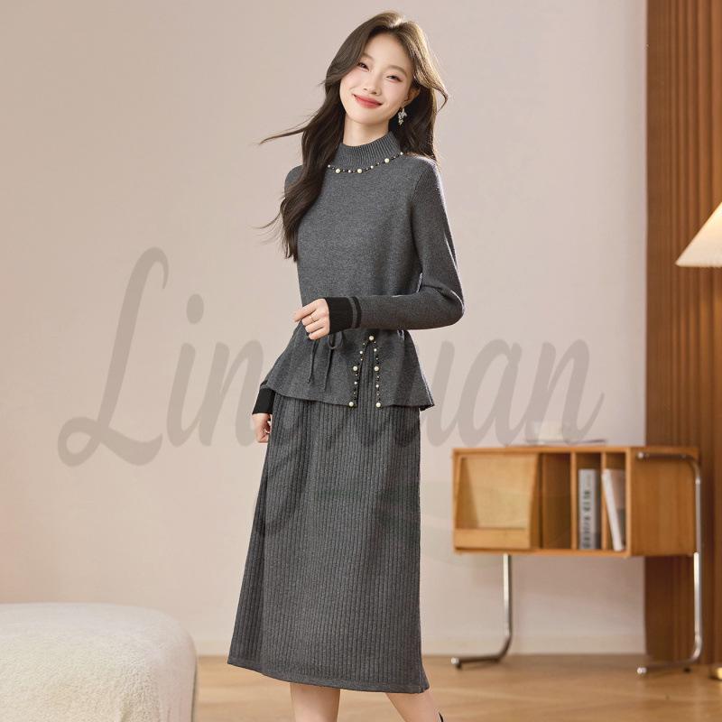 

2026 Beaded Knit Sweater Dress - Women s Mid-Length Autumn Winter Solid Color Vest Dress XL серый