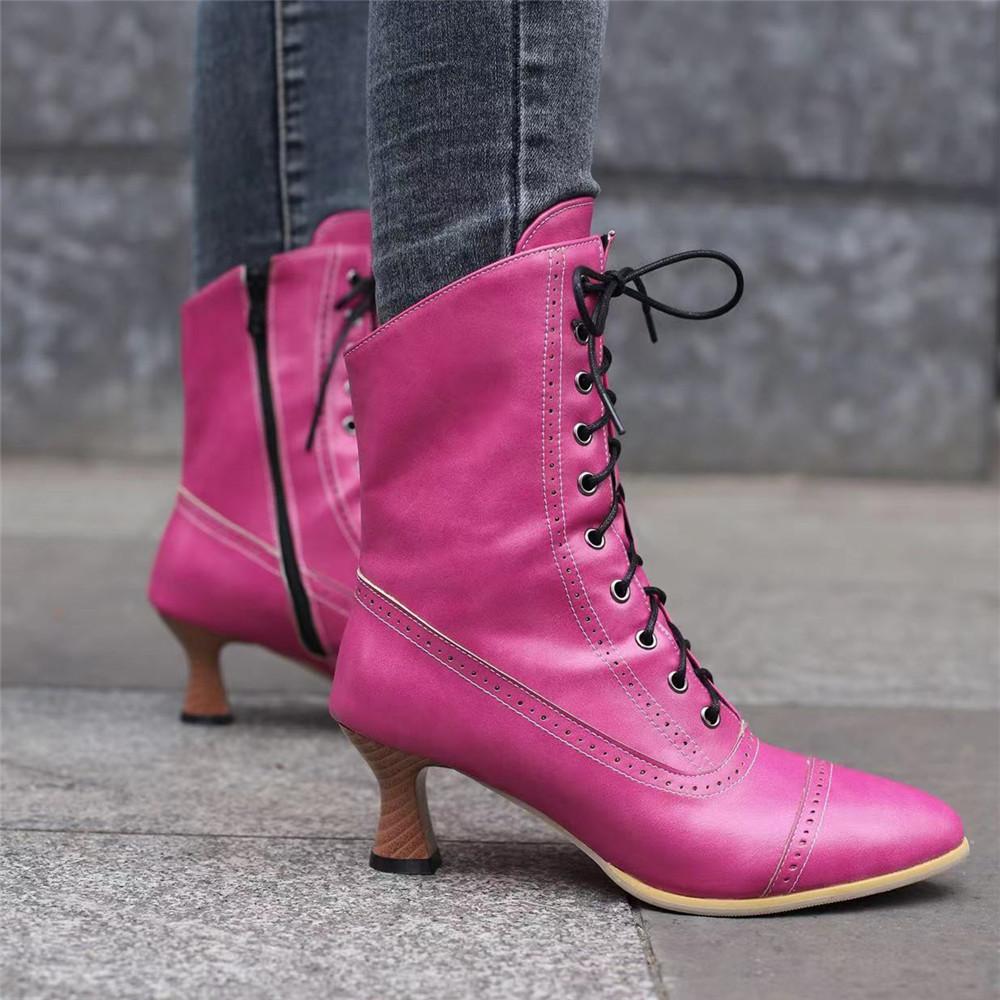 Fashion 2025 New Lace Up Ladies High Heel Shoes Strange Steampunk Boot Victorian Ankle Boots Women Pointed Toe Thick Soled Short Boots