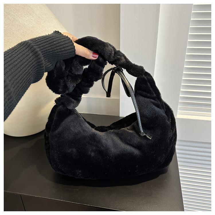 Solid Color Bow Decoration Plush Shoulder Bag With Zipper Closure For Daily Use