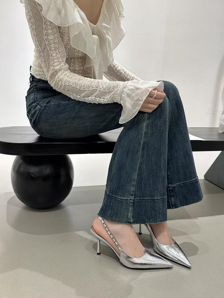 Naked pink pointed rhinestone high heels women's silver temperament bag head sandals thin heel empty shoes