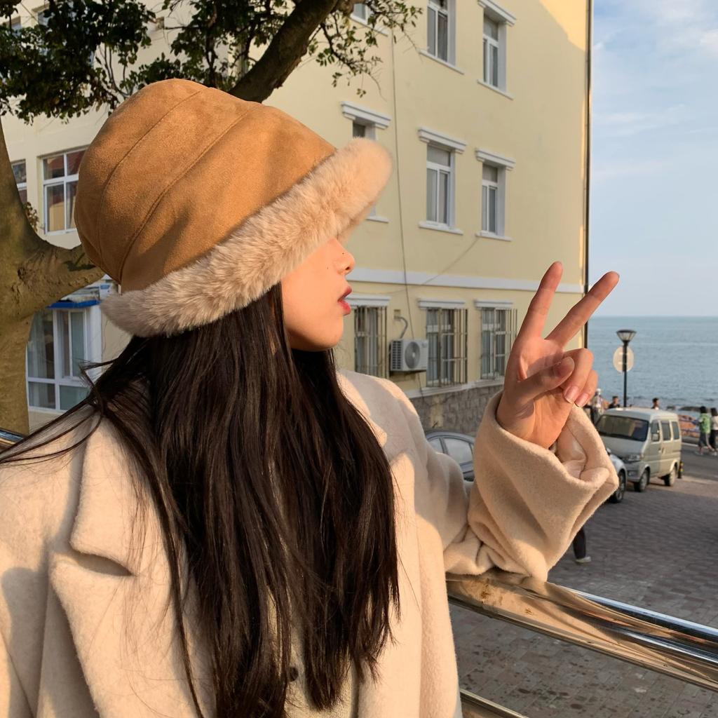 Plush Hat Women's Autumn and Winter Solid Color Suede Bucket Hat Loose Thickened Warm Big Head Circumference Pile Hat Basin Hat