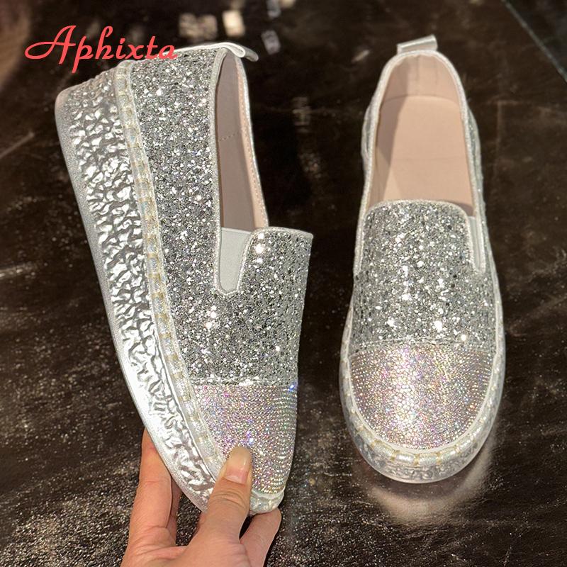Fashion Aphixta 2025 New Bling Sequined Woman Shoes Flat With Slip On Silver Loafers Spring Woman Fashion Shoes Big Size 43