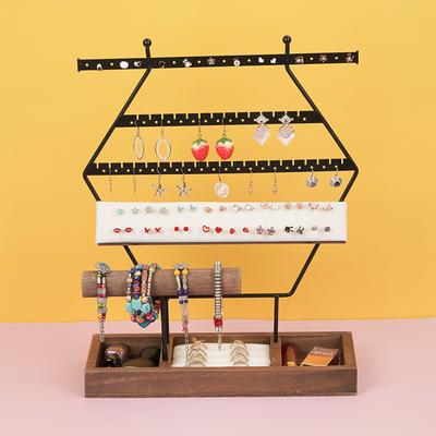 Retro železný šestihranný rámeček na šperky Multifunkční úložný box na náušnice z juty Dřevěná základna Krabička na prsteny