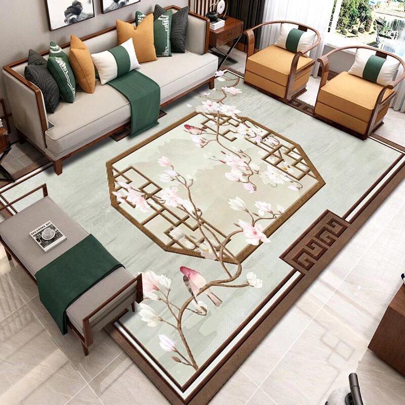 Chinese Style Living Room Rug with Flower Bird Painting Pattern Carpet Lounge Soft Carpet Waterproof Anti-slip Customizable