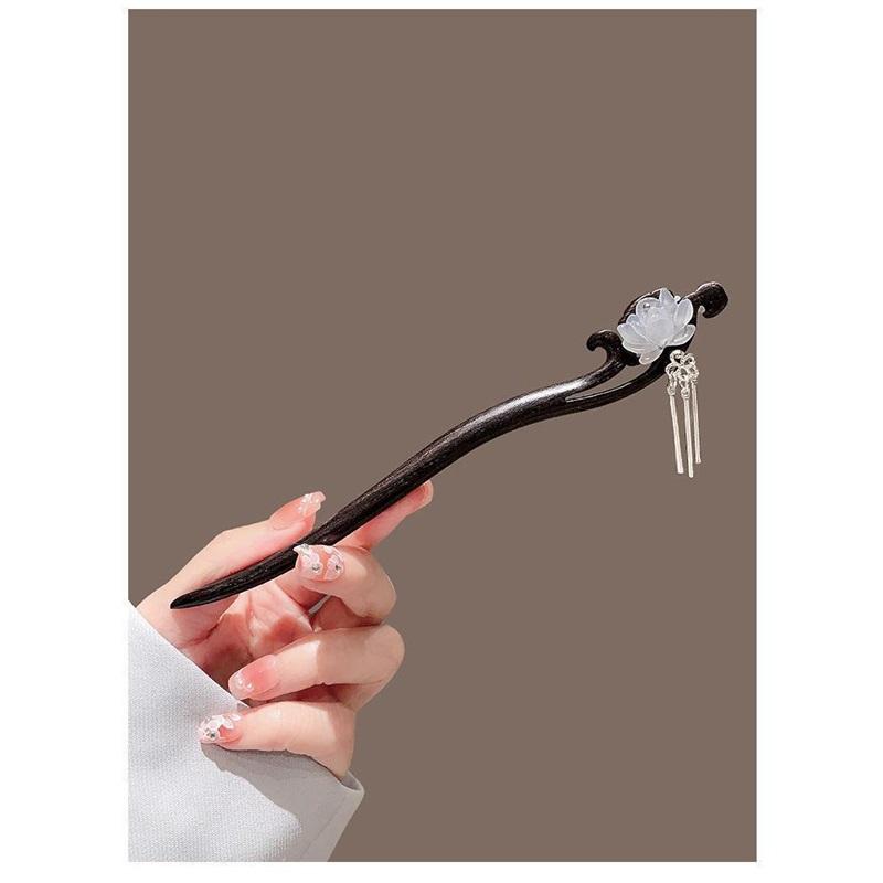 New Chinese Style Elegant Lotus Tassel Black Wood Hairpin Retro Hair Stick Back Head Updo Hair Accessory for Horse Face Skirt Daily Wear