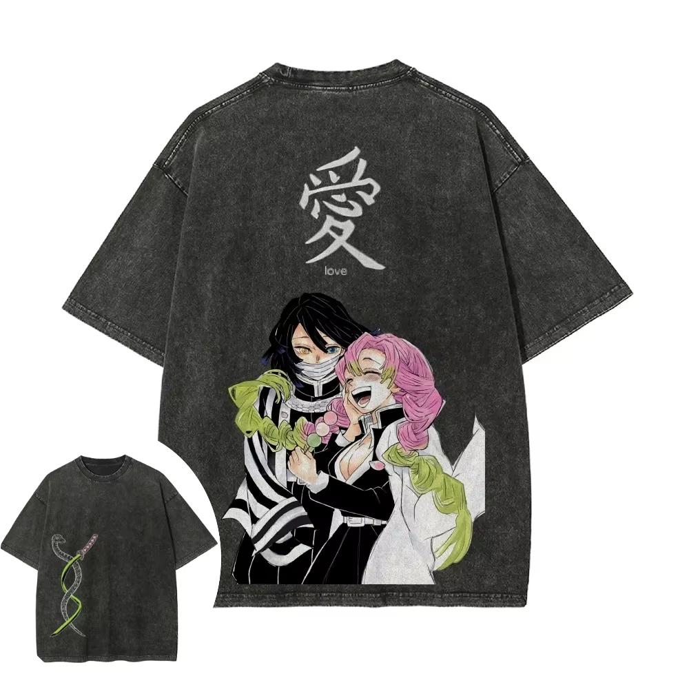 Demon Slayer Mens and Womens Washed TShirt Mitsuri Kanroji Obanai Iguro Summer Spring Anime Tee Retro Distressed Short Sleeve L