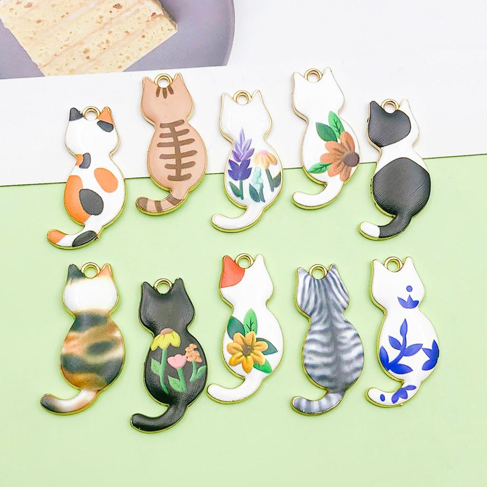 Set of 10 Colorful Enamel Cat Charms for DIY Jewelry