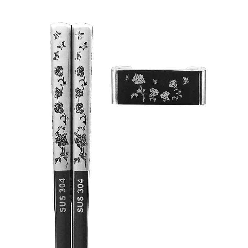 304 Stainless Steel Chopsticks & Rests Gift Set with Laser Black and White Logo