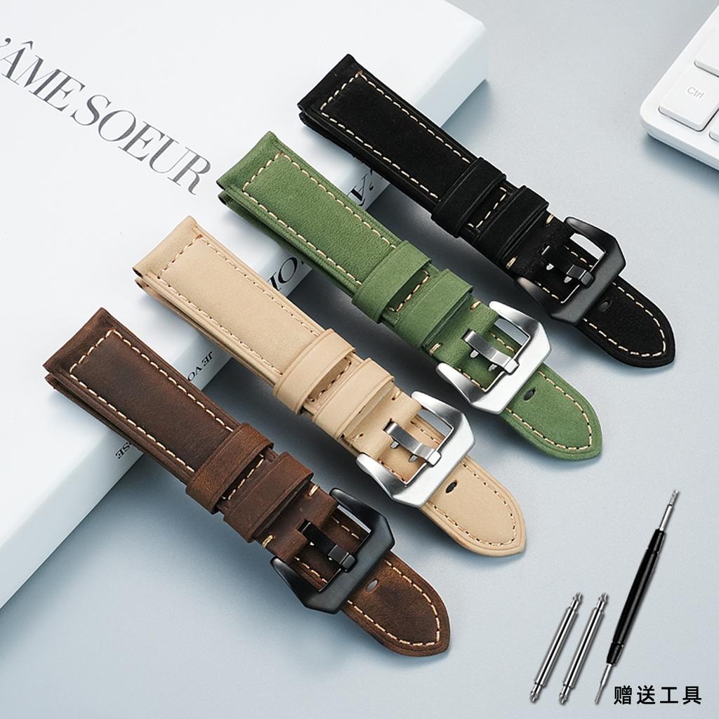 Extended matte crazy horse Frosted leather watchband 22m 24mm For Pam111 441 Hamilton Tissot Omega Casio men Vintage watch strap