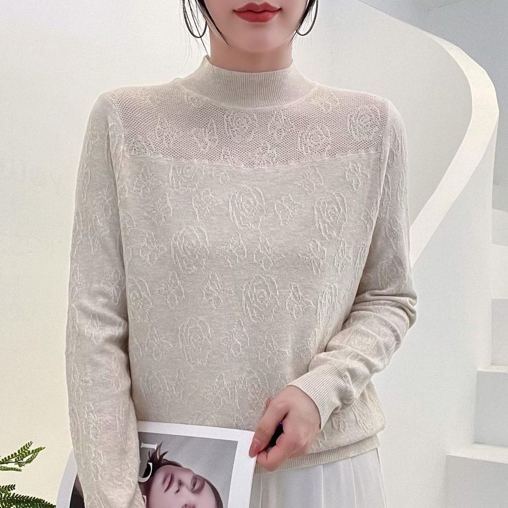 Autumn Winter Women's Lace Half-Turtleneck Sweater Loose Carved Knit Pullover Sweater Solid Color Knit Top
